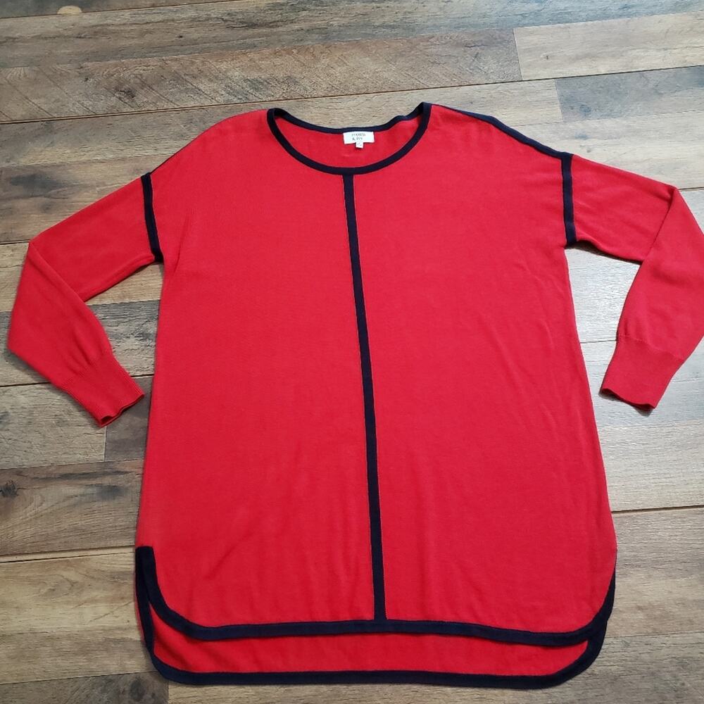 Crown & Ivy Sweater Red and Blue Oversized Scoopneck Knit Tunic‎ Small Festive